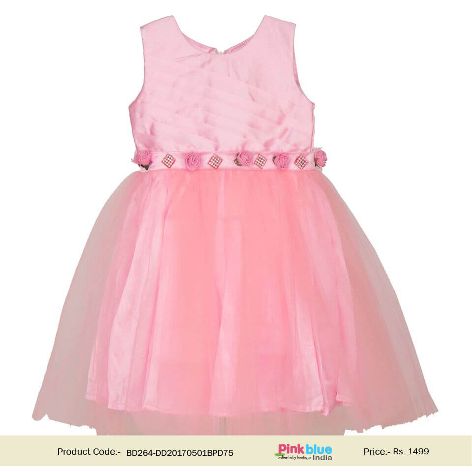 Kids Summer Partywear Frock Pink Rose Satin Baby Girl Outfit