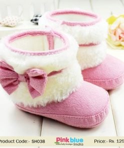 Fashionable Pink Warm Baby Girl Shoes With White Fur and a Bow