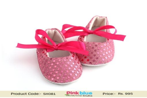 Gorgeous Pink Wedding Toddler Girl Shoes With Shimmery Sequins in India