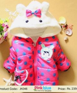 Pink Winter Jacket with Animal Shaped Hood and Blue Polka Dots for Indian Toddlers