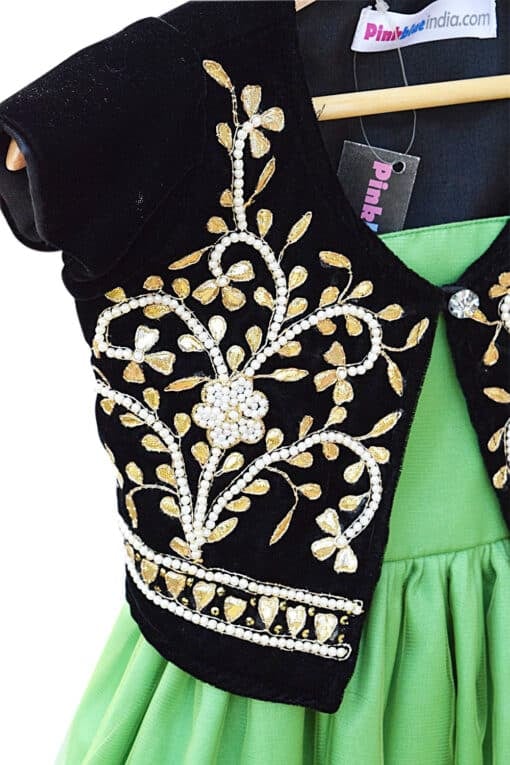 Designer Pistachio Green Wedding Frock with Black Gota Pati Jacket