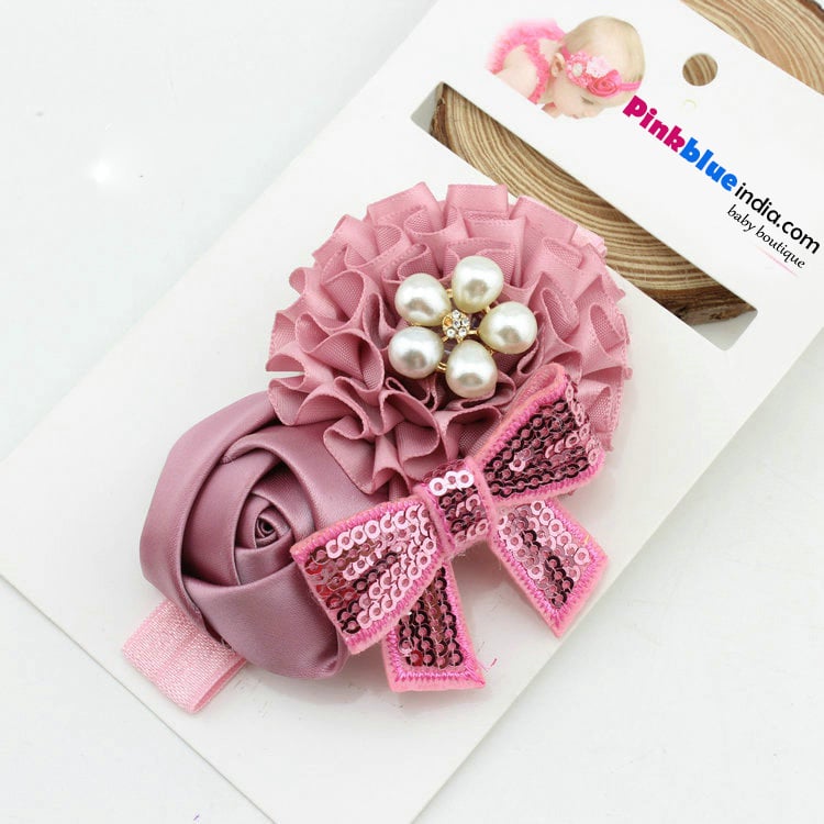 Posh Mauve Hair Band with Flowers and Pearl Embellishments for Newborn Girl