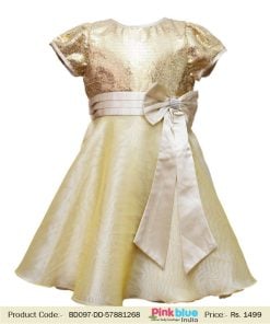 Buy Online Golden Sequin and Tissues Partywear Bow Frock