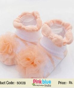 Pretty Peach Non Slip Designer Kids Socks with Net Flowers