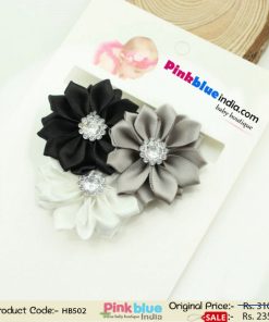 Shop Online Princess Baby Headband with Three Flowers in Black, Grey and White