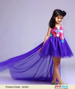 Blue Princess Designer Flower Girl Dress with Train, High Low flower girl dresses