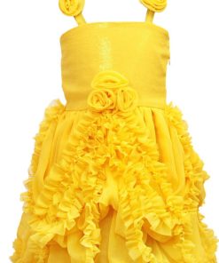Rose Flower Princesses Yellow Sleeveless Chiffon Ruffled Wedding wear Dress