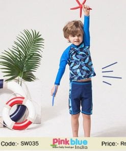 Two Piece Baby Boy Long Sleeve Swimsuit Kids Fish Printed Swimwear