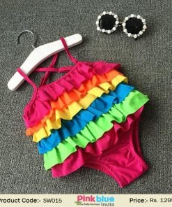 Rainbow Colored Ruffle Designer Summer Kids Swimsuit for Infant Girls