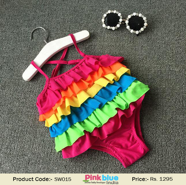 Rainbow Colored Ruffle Designer Summer Kids Swimsuit for Infant Girls