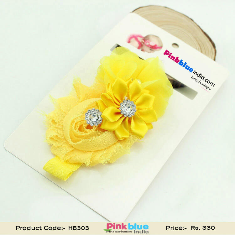 Ravishing Headband with Three Flowers in Yellow for Newborn Baby Princess