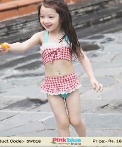 Childrens 3 Piece Red and White Checks Bathing Swimwear Suit Baby Girl