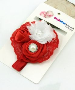 Red and White Floral Hair Band with Pearl and Diamond Settings for Newborn Princess