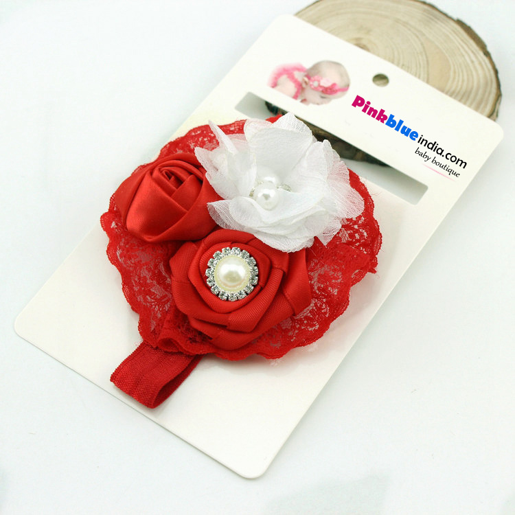 Red and White Floral Hair Band with Pearl and Diamond Settings for Newborn Princess