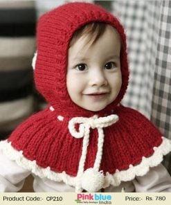 Designer Red Baby Knitted Winter Cap with Scarf