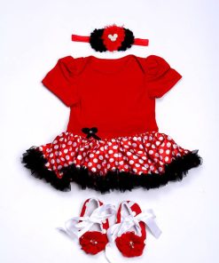 Red Christmas Dress with Black Net Frills for Infant Girls with Headband and Shoes