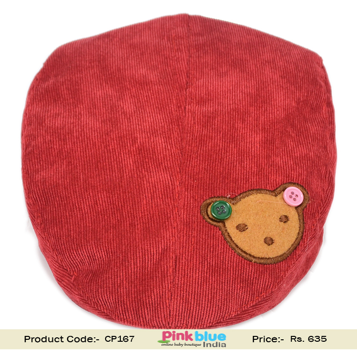 Stylish Smart Red Corduroy Cap with Bunny Patch for Kids