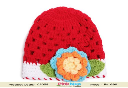 Shop Online Red Crochet Baby Cap With Flower and Leaves