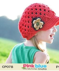 Shop Online Fashionable Red Crochet Infant Shade Cap With Flower
