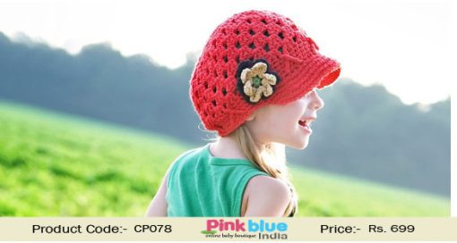 Shop Online Fashionable Red Crochet Infant Shade Cap With Flower