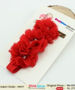 Comfortable Red Floral Infant Headband with Flowers and Pearl Embellishments