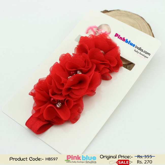 Comfortable Red Floral Infant Headband with Flowers and Pearl Embellishments