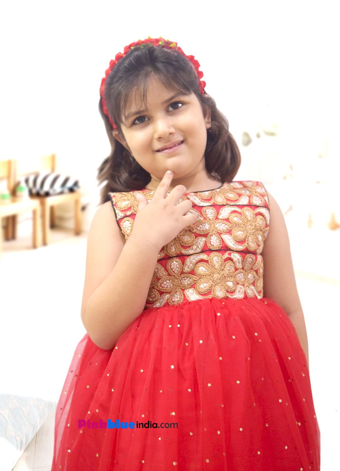 Gorgeous Designer Red Birthday Party Dress With Golden Lace Work