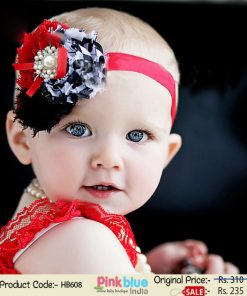 Red Hair Band for Toddlers in India With Three Flowers and Diamond Embellishment