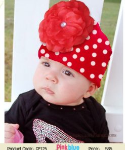 Designer Red Hat for Infant Baby Girls with White Dots and Flower in India