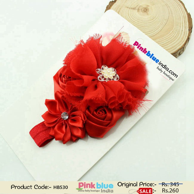 Red Infant Headband with Flowers, Roses and Pearl and Stone Embellishments