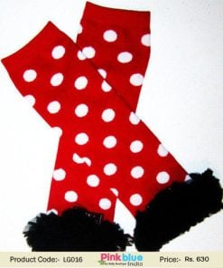 Beautiful Red Leg Warmers for Children with White Dots and Black Ruffles