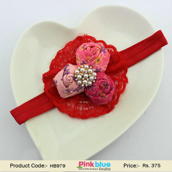 Designer Red Net Flower Hair Band for Baby Girls