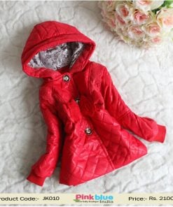 Bright Red Woolen Jacket with Hood in Self Pattern for Baby Girl