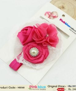 Gorgeous Rose Pink and White Hair Band for Infant Girls with Beautiful Flowers