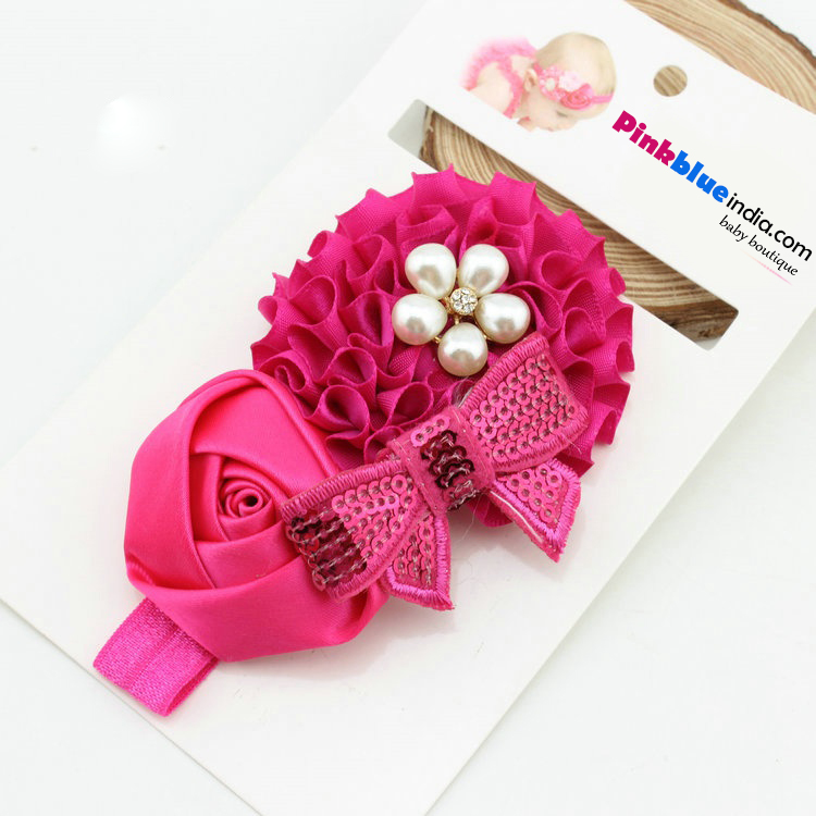 Shop Online Rose Pink Hair Band With Flowers and Embellishments for Baby Girls