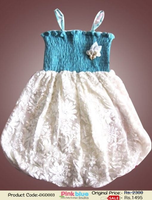 Sea Blue and Off-White Velvet Balloon Dress for Baby Girl