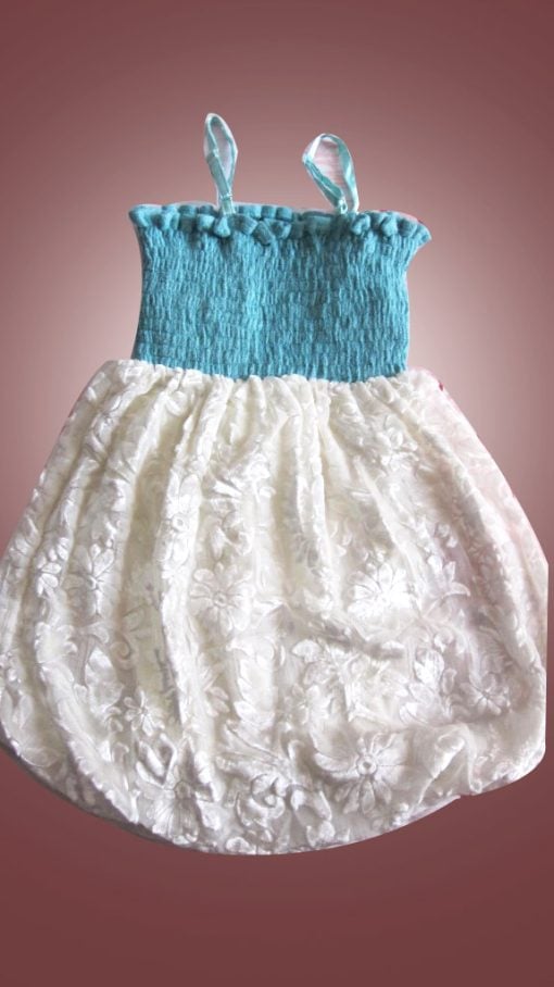 Sea Blue and Off-White Velvet Balloon Dress for Baby Girl