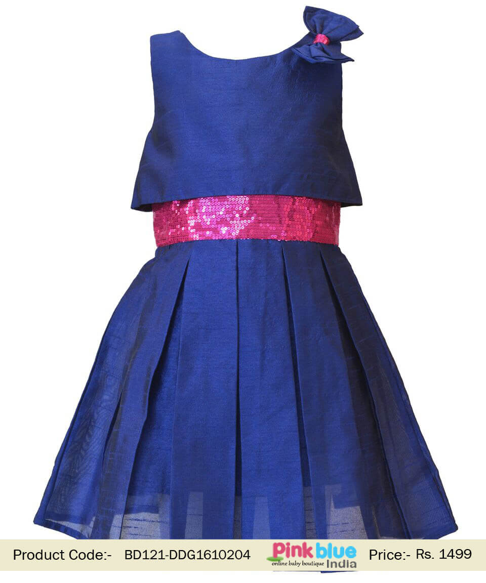 Kids Blue Sleeveless Birthday Wear Dress Dupion and Sequin