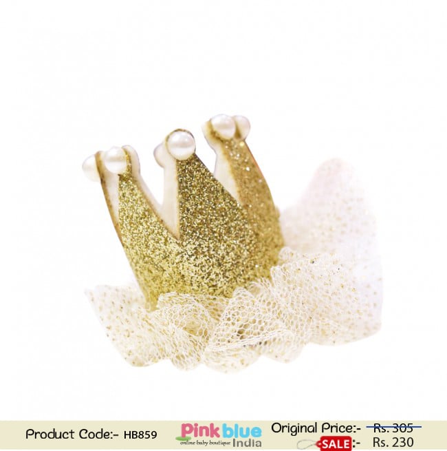 Shimmery Golden Hair Clip with a Cute Crown for Baby Girls