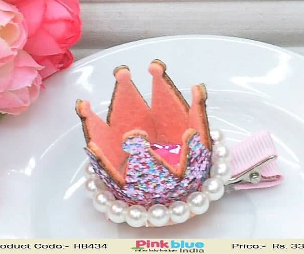 Shimmery Pink Designer Hair Clip With Crown