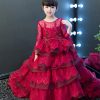 Baby Girl Maroon couture Photography Dress Lace New Long Tail Gown 