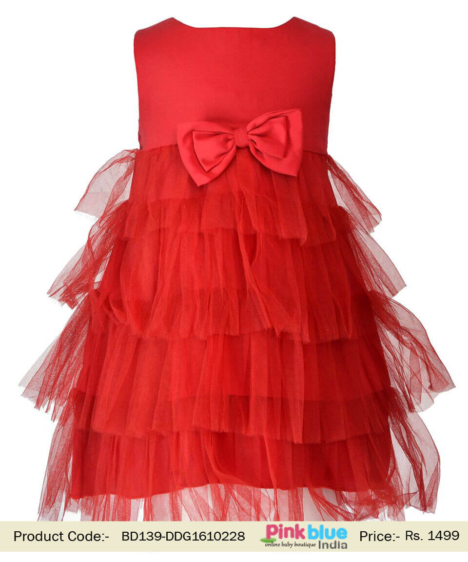 Stylish Wedding and Birthday Dress Red Net & Crepe Frock Online