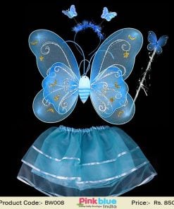 Sky Blue Princess Butterfly Fairy Costume Wing and Wand Set With Kids Headband