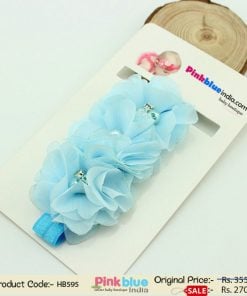 Gorgeous Sky Blue Colored Floral Infant Headband with Pearls and Diamonds