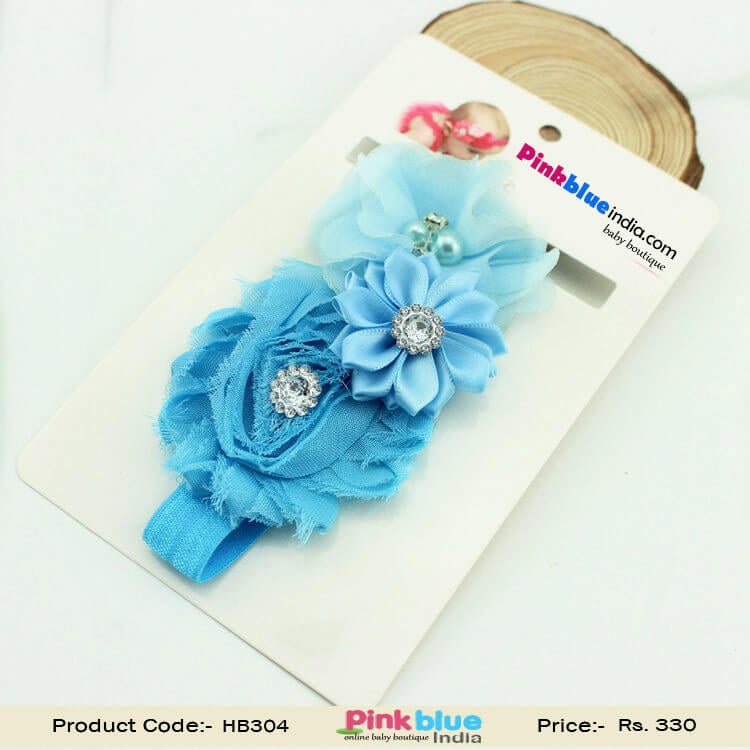 Beautiful Designer Headband with Sky Blue Flowers for Infant Girls