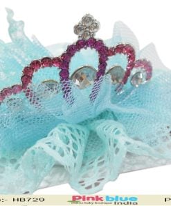 Sky Blue Net Fashion Hair Clip for Infants with Sparkling Crown in Pink