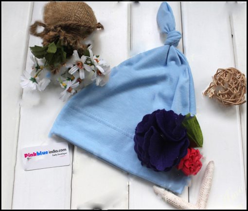 Sky Blue Stylish Baby Summer Cap with Flowers and Knot