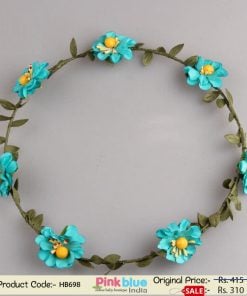 Smart Tiara Headband with Blue Flowers and Green Leaves for Princess