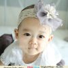 Smart White Designer Net Hair Band with Grey Flower for Newborn Princess