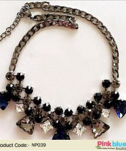 Sparkling Fashion Necklace with Blue and Brown Stones Arrangement